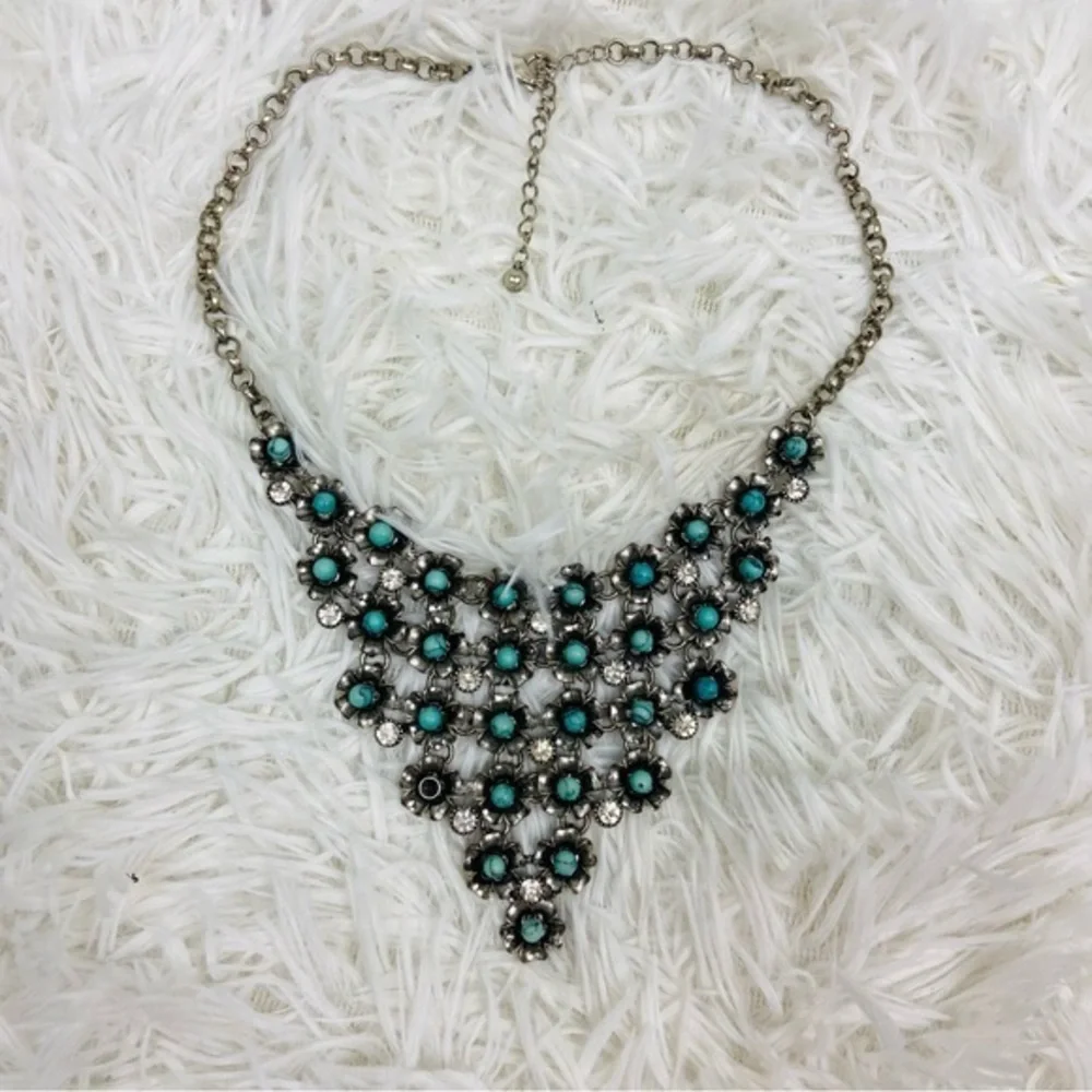 UNBRANDED silver flower turquoise, jeweled triangle chain necklace